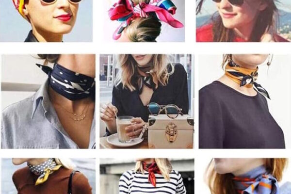 Foulards en soie portes en bandeau dans les cheveux ou noues au cou